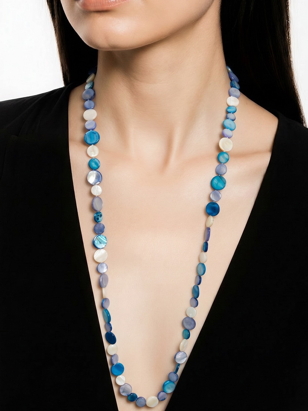 Blue & Cream Mother-of-Pearl Long Disc Necklace